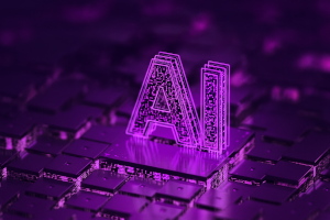 Mainboard eines PC mit der Überschrift AI in der Farbe LILA. Darstellung von Künstlicher Intelligenz in modernen IT-Managementsystemen.