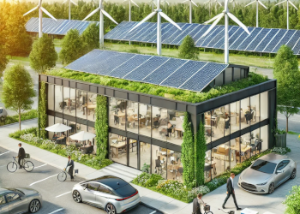 Vision von RULA Quality: nachhaltiges Büro mit Solaranlage, Windrädern und Begrünung als Symbol für Umweltmanagement.
